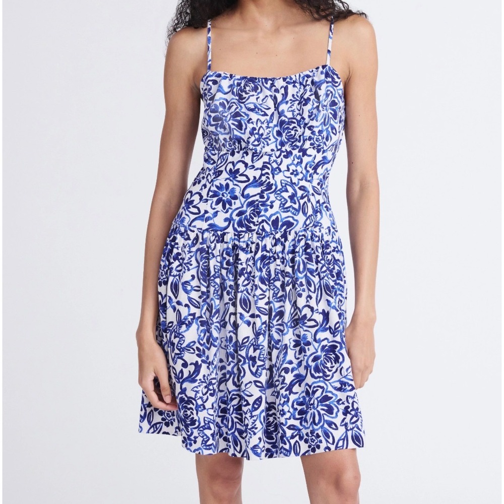 Free Assembly Mini Dress‎ Womens S Blue Painted Floral NEW Linen Blend Smocked